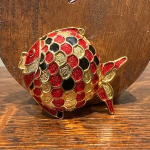 Vintage Sphinx Enamel And Gold-Tone Fish Brooch Pin 2” Marked 11012